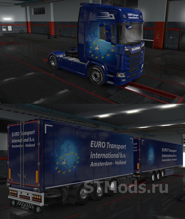 Скин «Euro Transport» для своего прицепа и Scania S 2016v1.1 для Euro Truck Simulator 2 (v1.32.x)