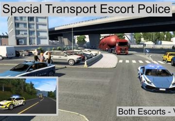 Полицейские машины в эскорте для специальных перевозокv1.0 для Euro Truck Simulator 2 (v1.44.x)
