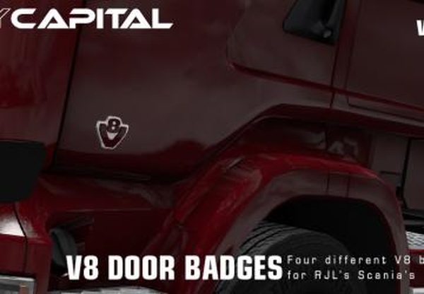 V8 Door Badges for RJL Scaniaверсия 2.1 для Euro Truck Simulator 2 (v1.35.x, 1.36.x)