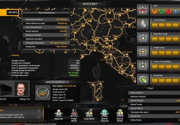 Сохранение с 100% расследованной картой + Сардинияv1.0 для Euro Truck Simulator 2 (v1.35.x, - 1.40.x)