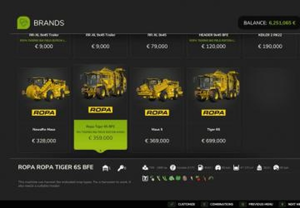 Ropa Tiger 6S Big Field Editionверсия 1.0.0.0 для Farming Simulator 2025