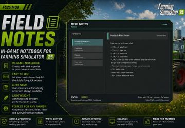 Мод Field Notes версия 2.0.0.0 для Farming Simulator 2025