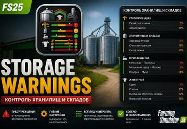 Мод Storage Warnings — Контроль хранилищ и складов v1.0.0.0 для Farming Simulator 2025 (v1.21.0)